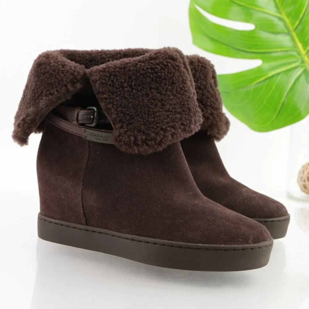 Coach Womens Norell Boots Size 6.5 Brown Suede Hidden Wedge Sherpa Lined Booties